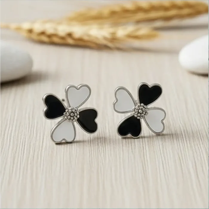 Black & White Enamel Floral Stud Earrings | White-Gold Plated - Image 5