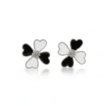 Black & White Enamel Floral Stud Earrings | White-Gold Plated
