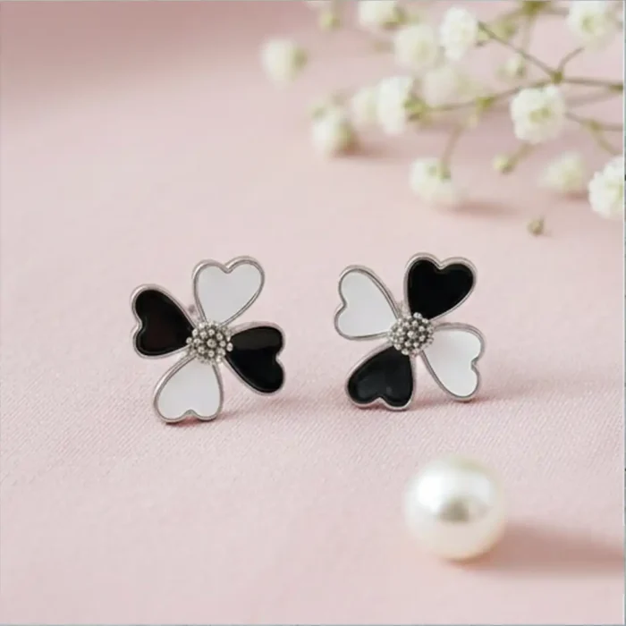 Black & White Enamel Floral Stud Earrings | White-Gold Plated - Image 4