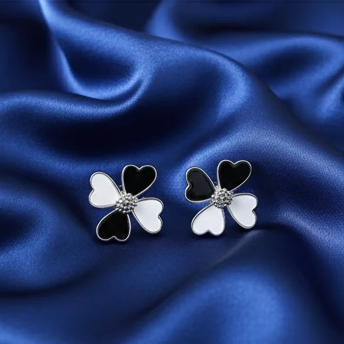 Black & White Enamel Floral Stud Earrings | White-Gold Plated - Image 3