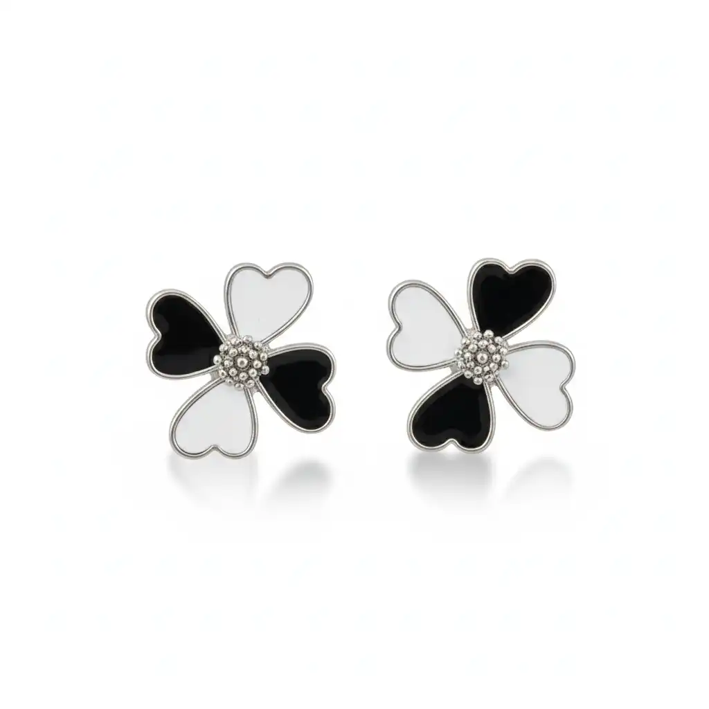 E70W Black & White Enamel Floral Stud Earrings | White-Gold Plated - Image 1