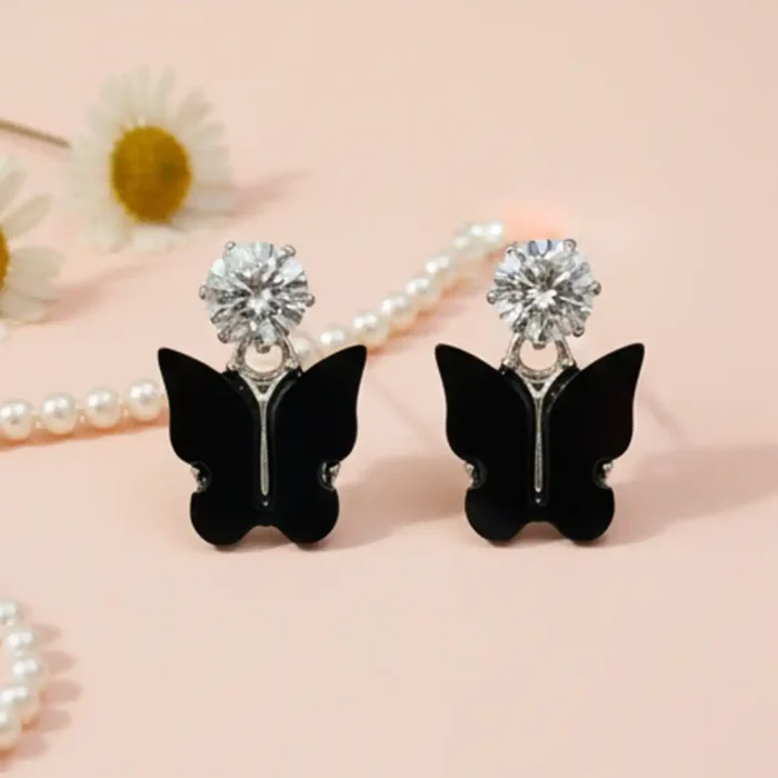 Black Butterfly & Crystal Drop Earrings | Silver Plated - Image 14
