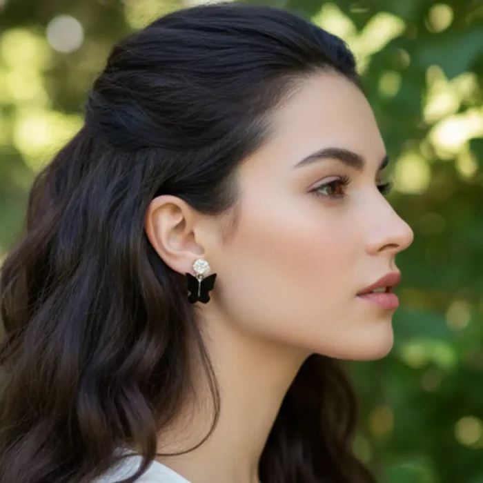 Black Butterfly & Crystal Drop Earrings | Silver Plated - Image 3