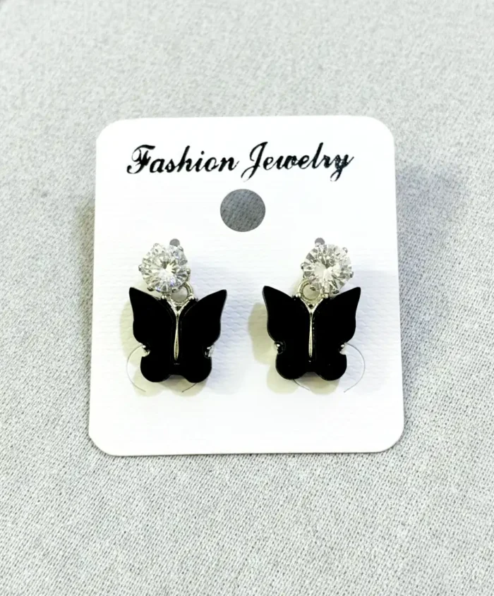 Black Butterfly & Crystal Drop Earrings | Silver Plated - Image 2
