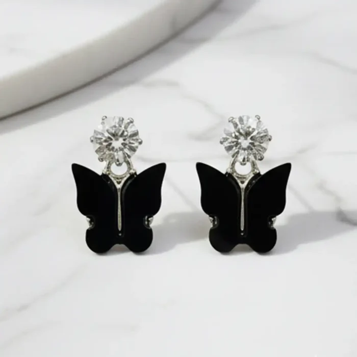 Black Butterfly & Crystal Drop Earrings | Silver Plated - Image 13