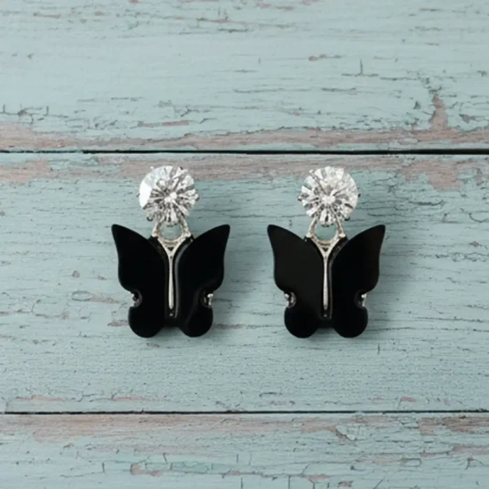 Black Butterfly & Crystal Drop Earrings | Silver Plated - Image 12