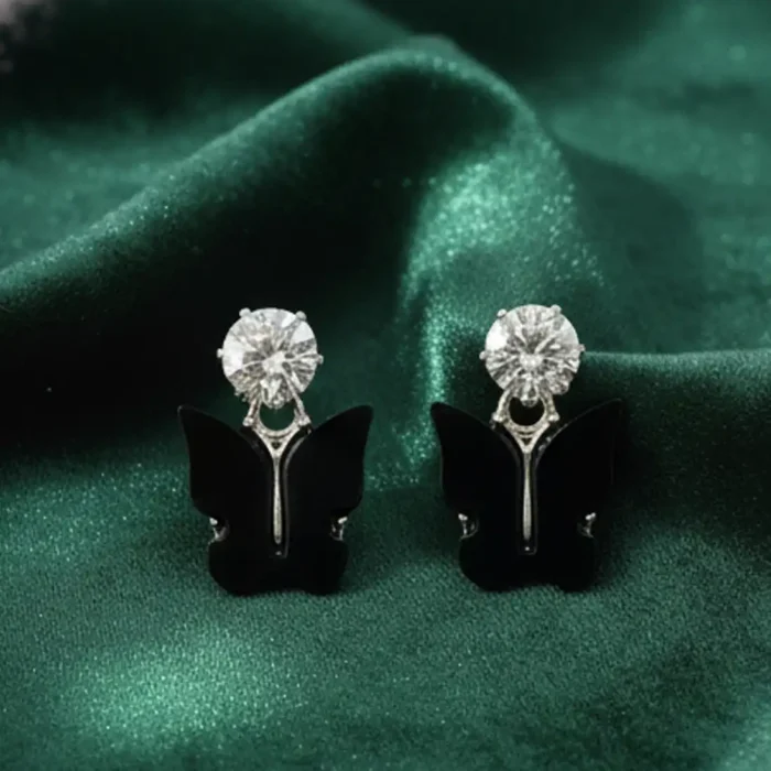 Black Butterfly & Crystal Drop Earrings | Silver Plated - Image 11