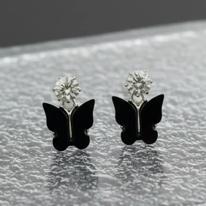 Black Butterfly & Crystal Drop Earrings | Silver Plated - Image 10