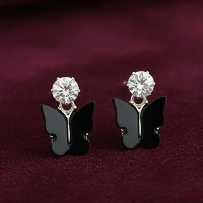 Black Butterfly & Crystal Drop Earrings | Silver Plated - Image 9