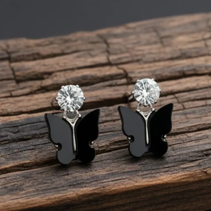 Black Butterfly & Crystal Drop Earrings | Silver Plated - Image 8