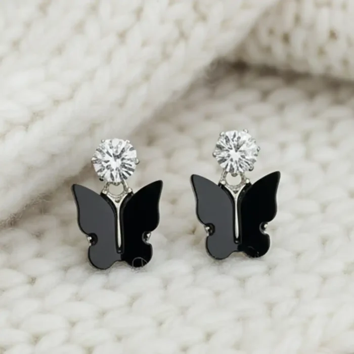 Black Butterfly & Crystal Drop Earrings | Silver Plated - Image 7