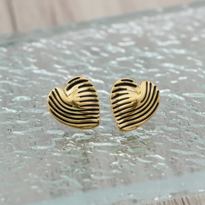 Textured Gold Heart Stud Earrings | Vintage Wavy Design - Image 11