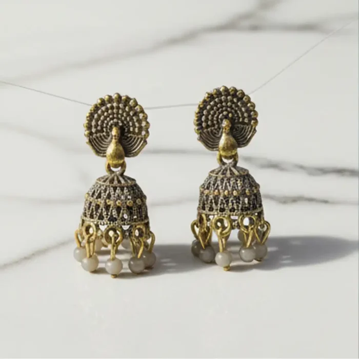 Antique Gold Peacock Jhumkas | Traditional Indian Earrings - Image 6