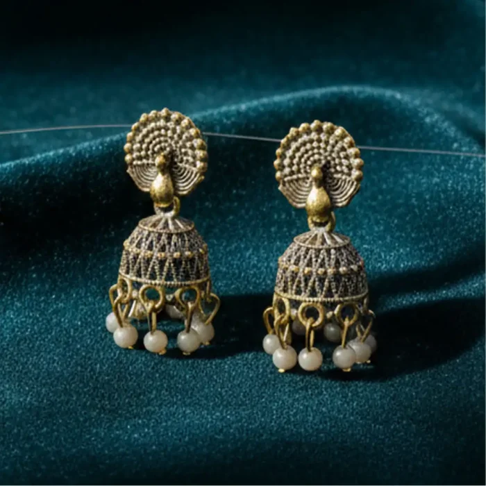 Antique Gold Peacock Jhumkas | Traditional Indian Earrings - Image 5