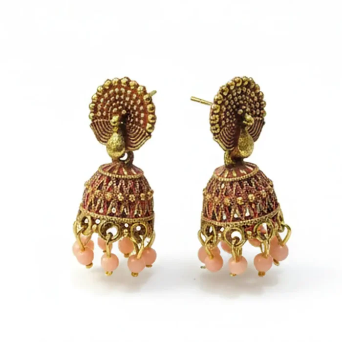 Antique Peacock Jhumkas | Copper Gold & Peach Bead Drops - Image 7