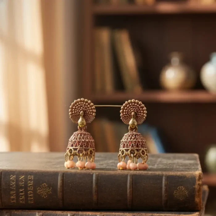 Antique Peacock Jhumkas | Copper Gold & Peach Bead Drops - Image 2