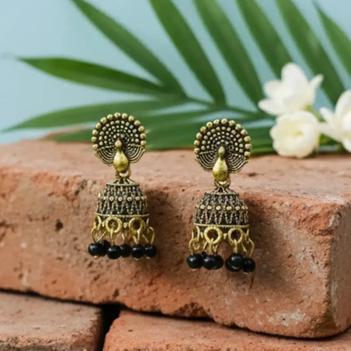 Antique Gold Peacock Jhumkas | Black Bead Drop Earrings - Image 6