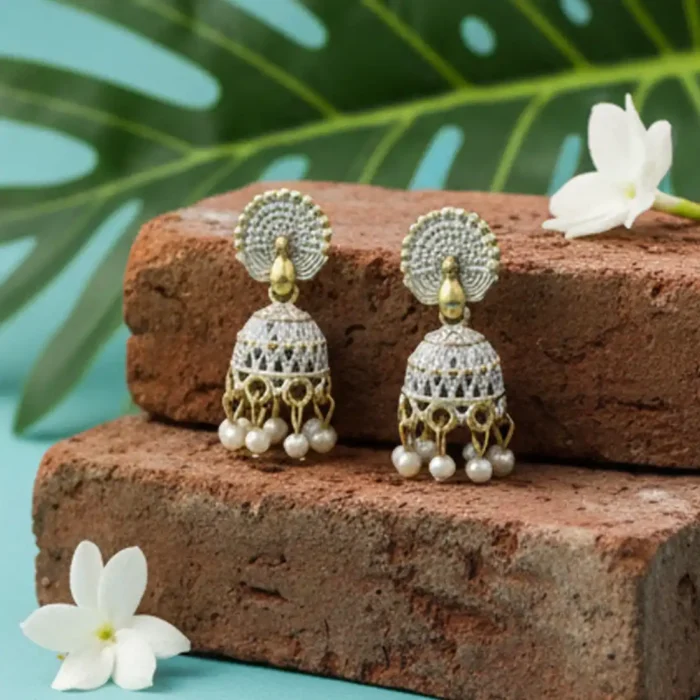 White & Gold Peacock Jhumkas | Pearl Drop Earrings - Image 5