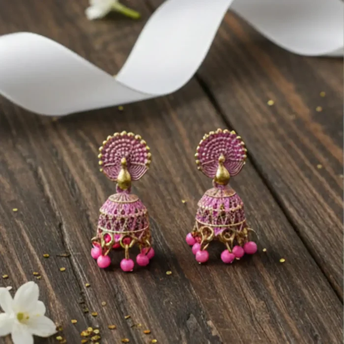 Pink Meenakari Peacock Jhumkas | Vibrant Indian Earrings - Image 6