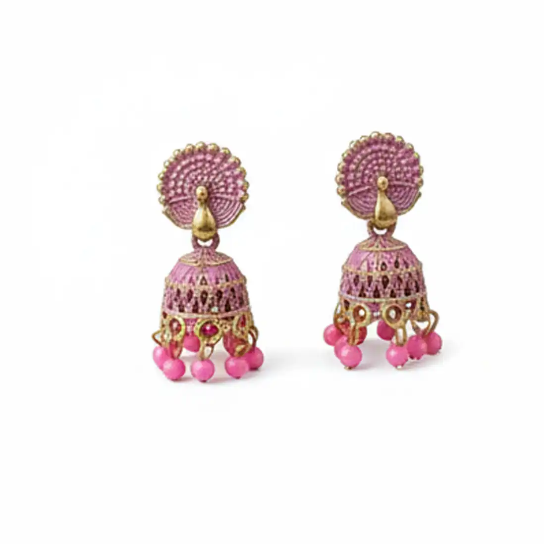 E78 Pink Meenakari Peacock Jhumkas | Vibrant Indian Earrings - Image 1