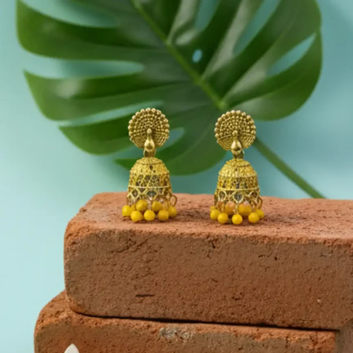 Yellow Meenakari Peacock Jhumkas | Haldi Ceremony Earrings - Image 5