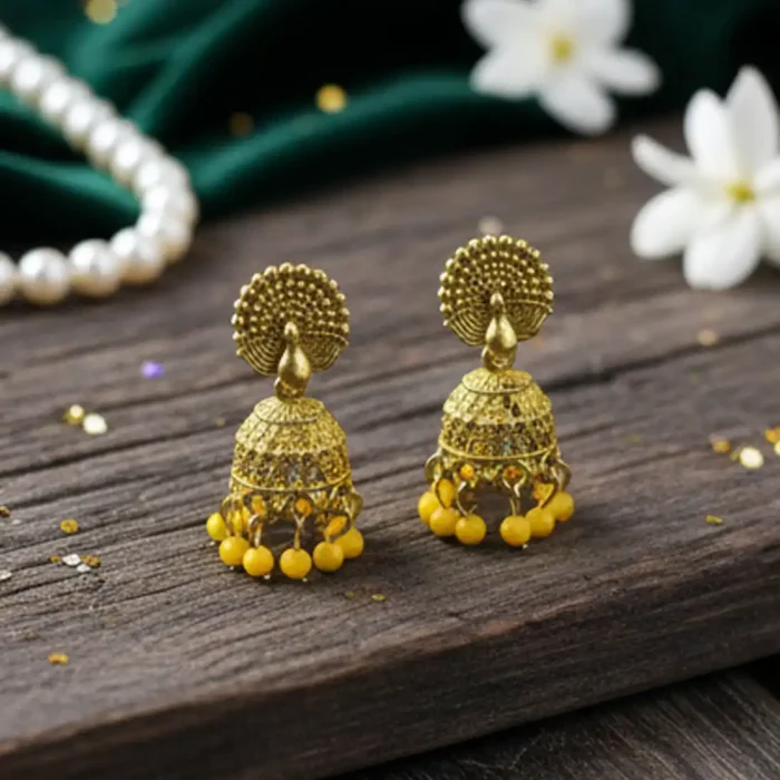 Yellow Meenakari Peacock Jhumkas | Haldi Ceremony Earrings - Image 3