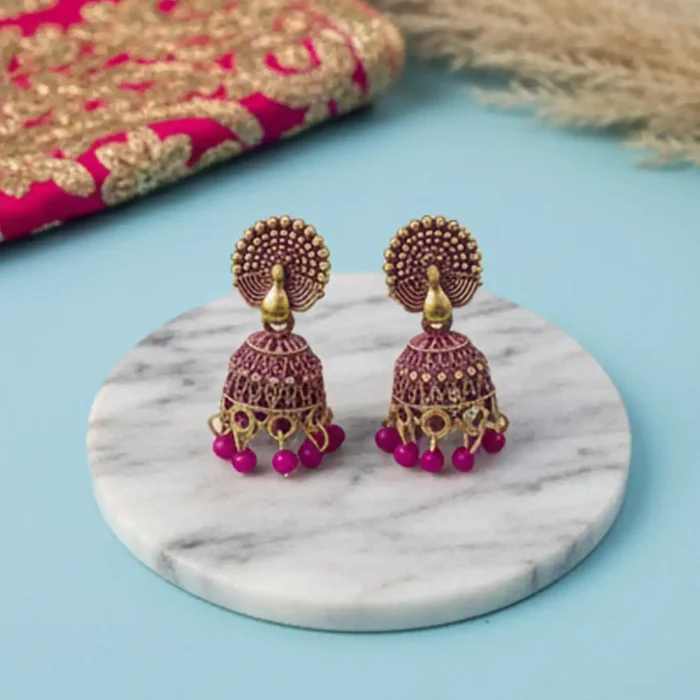 Purple Meenakari Peacock Jhumkas | Vibrant Indian Earrings - Image 3