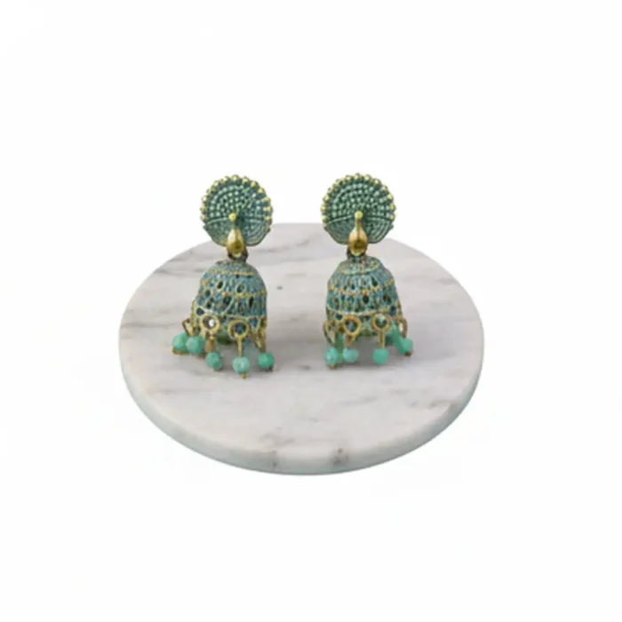 Mint Green Meenakari Peacock Jhumkas | Pastel Indian Earrings - Image 7