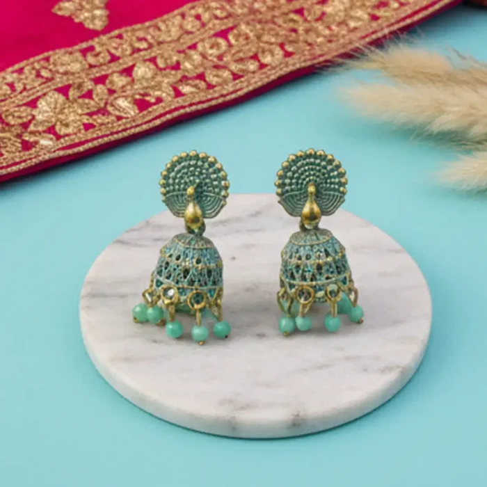 Mint Green Meenakari Peacock Jhumkas | Pastel Indian Earrings - Image 4