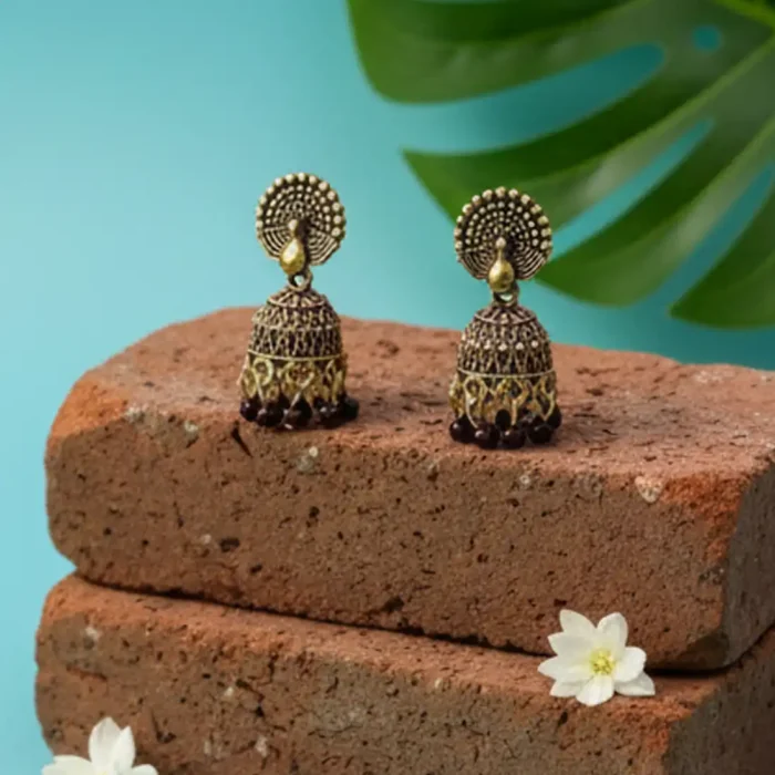 Deep Maroon Meenakari Peacock Jhumkas | Regal Indian Earrings - Image 5
