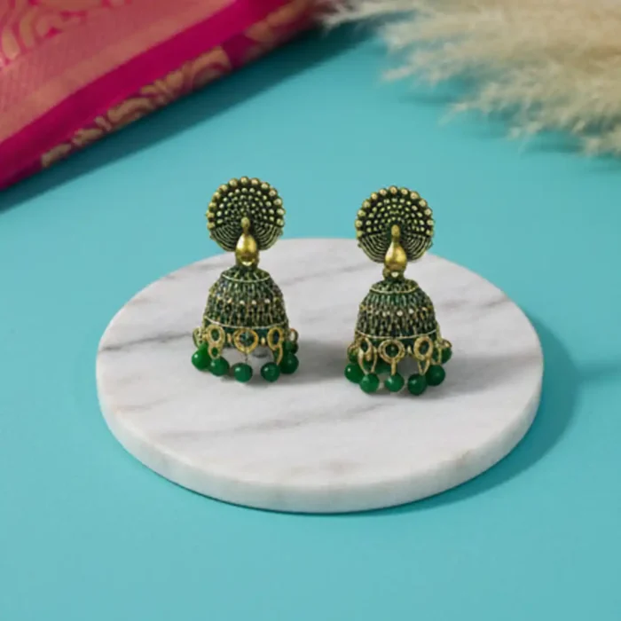 Emerald Green Meenakari Peacock Jhumkas | Ethnic Earrings - Image 6