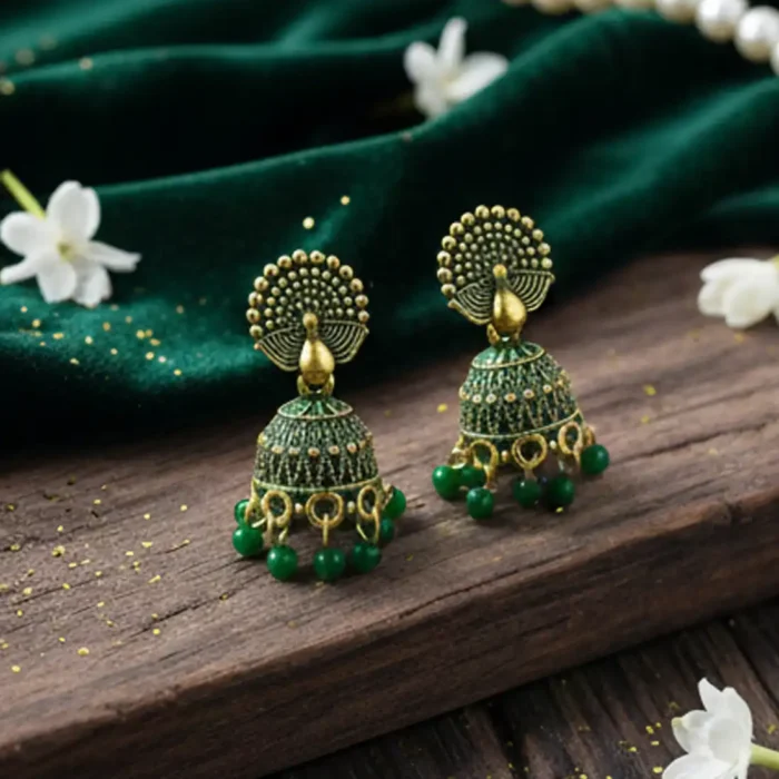 Emerald Green Meenakari Peacock Jhumkas | Ethnic Earrings - Image 4