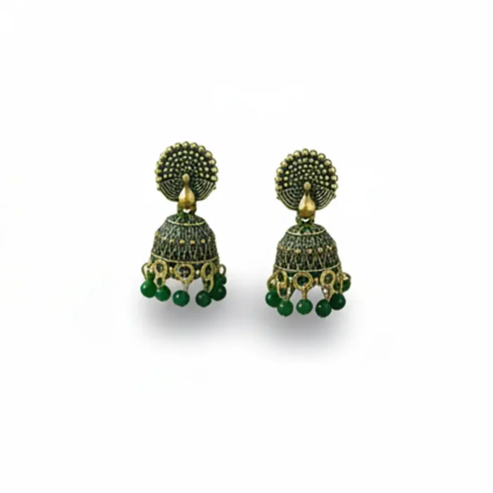 Emerald Green Meenakari Peacock Jhumkas | Ethnic Earrings - Image 3