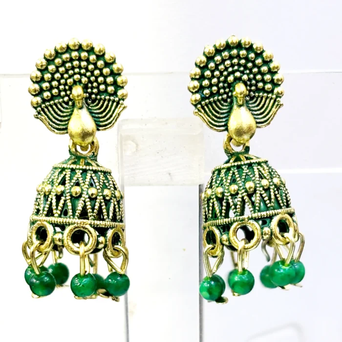 Emerald Green Meenakari Peacock Jhumkas | Ethnic Earrings - Image 2