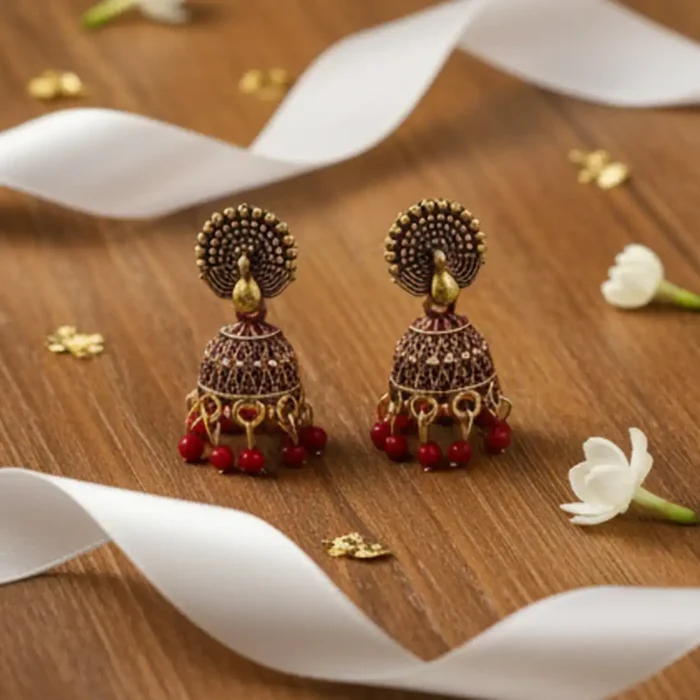 Red Meenakari Peacock Jhumkas | Traditional Indian Earrings - Image 6