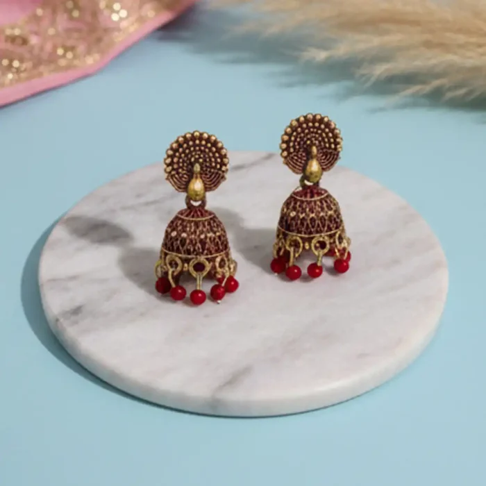 Red Meenakari Peacock Jhumkas | Traditional Indian Earrings - Image 4