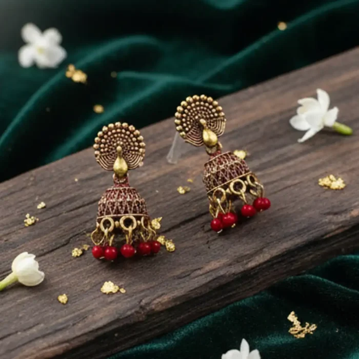 Red Meenakari Peacock Jhumkas | Traditional Indian Earrings - Image 3