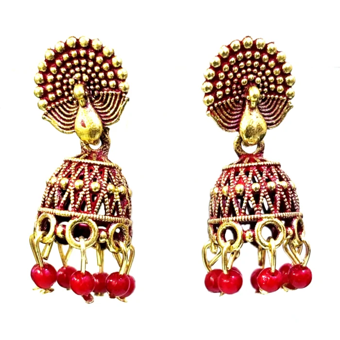 Red Meenakari Peacock Jhumkas | Traditional Indian Earrings - Image 2