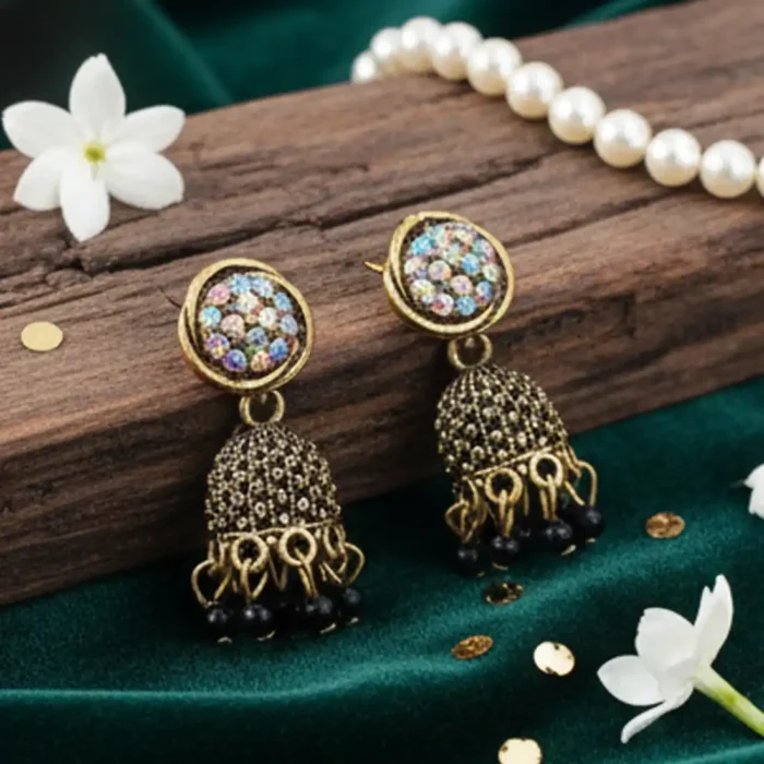 Antique Gold Crystal Jhumkas | Black Bead Drop Earrings - Image 3