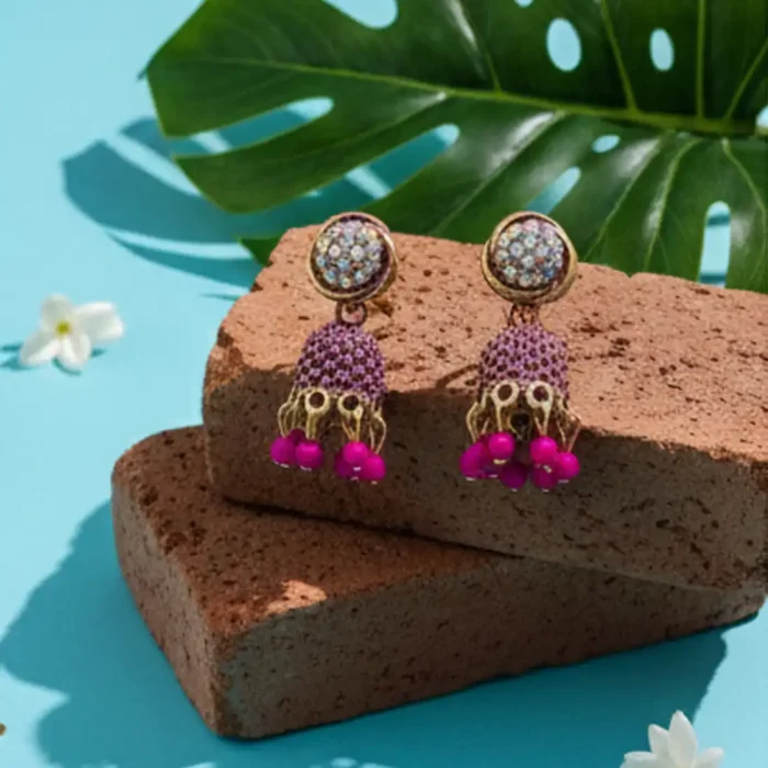 Purple Crystal Jhumkas | Fuchsia Bead Drop Earrings - Image 5