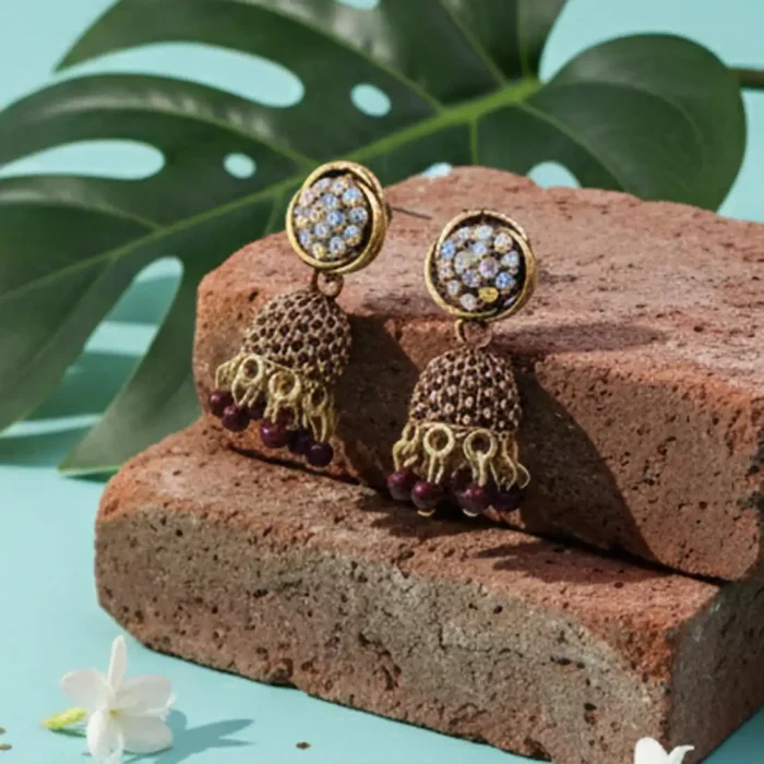 Maroon Crystal Jhumkas | Burgundy Drop Earrings - Image 5