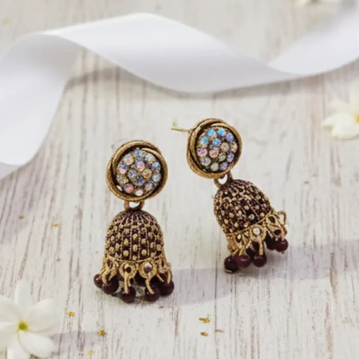Maroon Crystal Jhumkas | Burgundy Drop Earrings - Image 4
