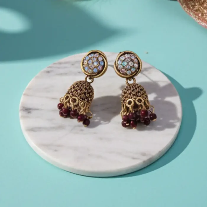 Maroon Crystal Jhumkas | Burgundy Drop Earrings - Image 3
