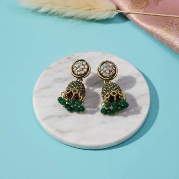 Emerald Green Crystal Jhumkas | Antique Gold Earrings - Image 4