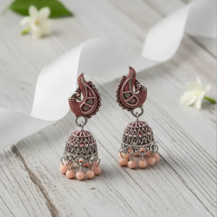 Peach Meenakari Silver Peacock Jhumkas | Boho Earrings - Image 6