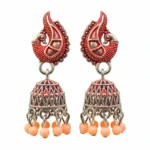 Peach Meenakari Silver Peacock Jhumkas | Boho Earrings