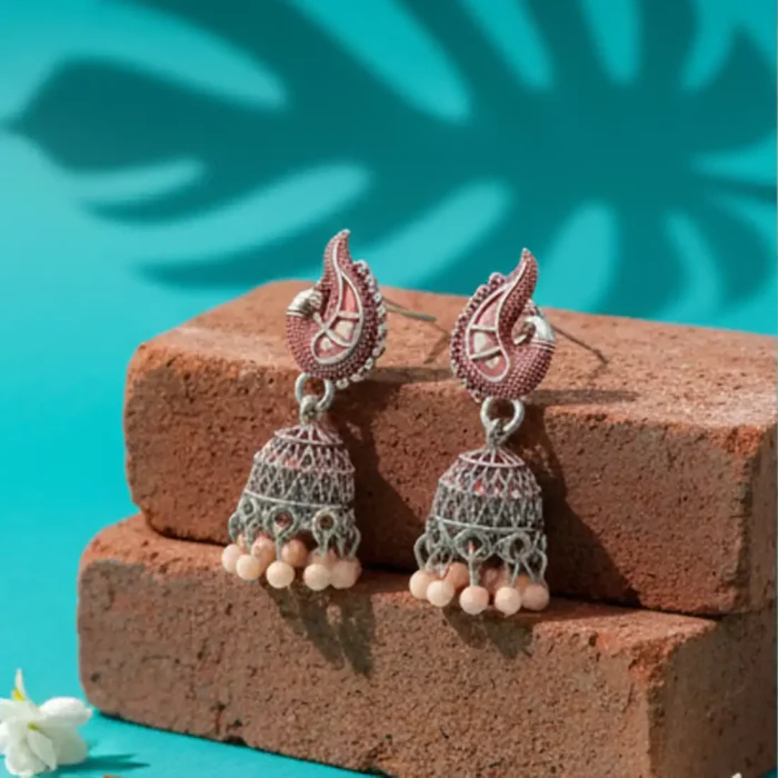 Peach Meenakari Silver Peacock Jhumkas | Boho Earrings - Image 5