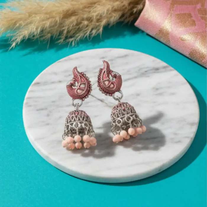 Peach Meenakari Silver Peacock Jhumkas | Boho Earrings - Image 4