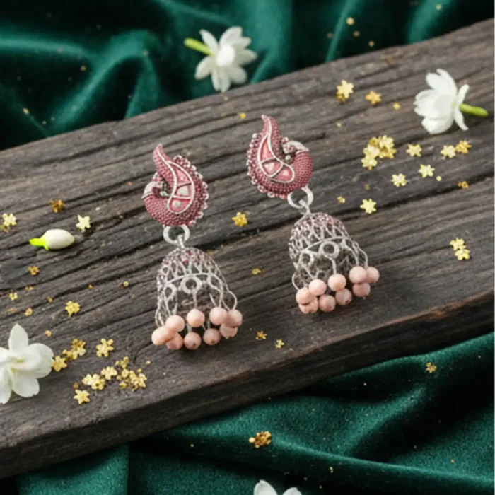 Peach Meenakari Silver Peacock Jhumkas | Boho Earrings - Image 3