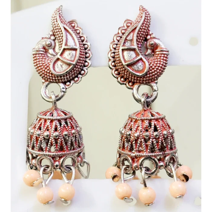 Peach Meenakari Silver Peacock Jhumkas | Boho Earrings - Image 2
